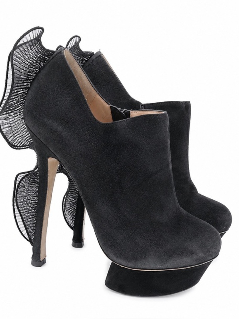 Nicholas Kirkwood Black Suede Ruffle Heel Platform Booties Size 38 With Dustbag